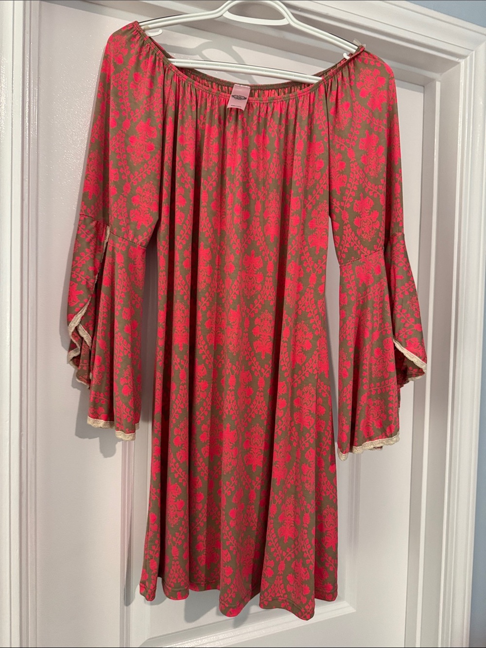 Off-Shoulder Floral Bell-Sleeve Dress in Coral and Taupe